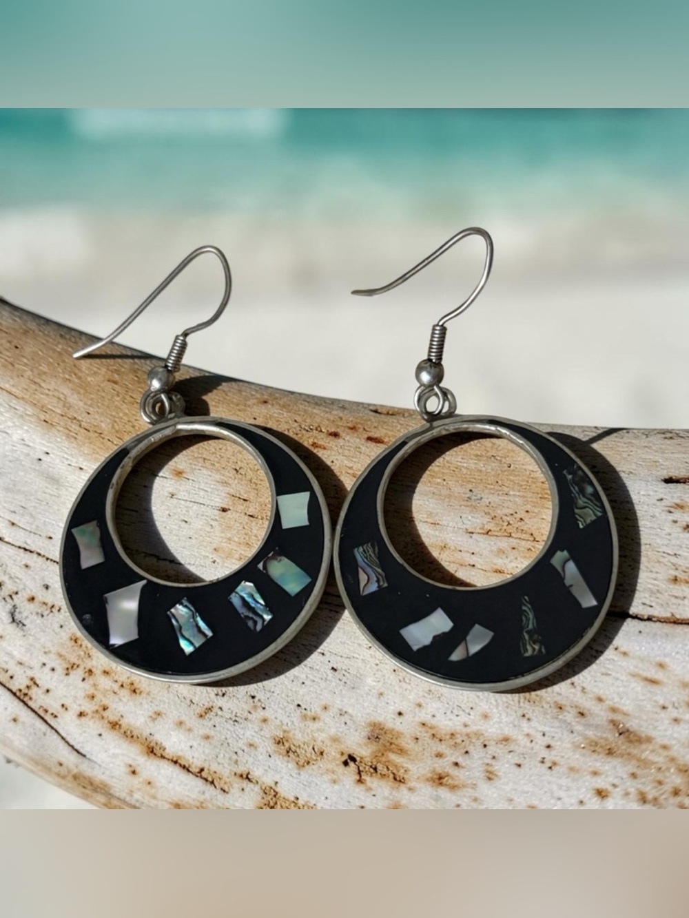 Abalone Inlay Black Enamel Alpaca Silver Hoops Earrings